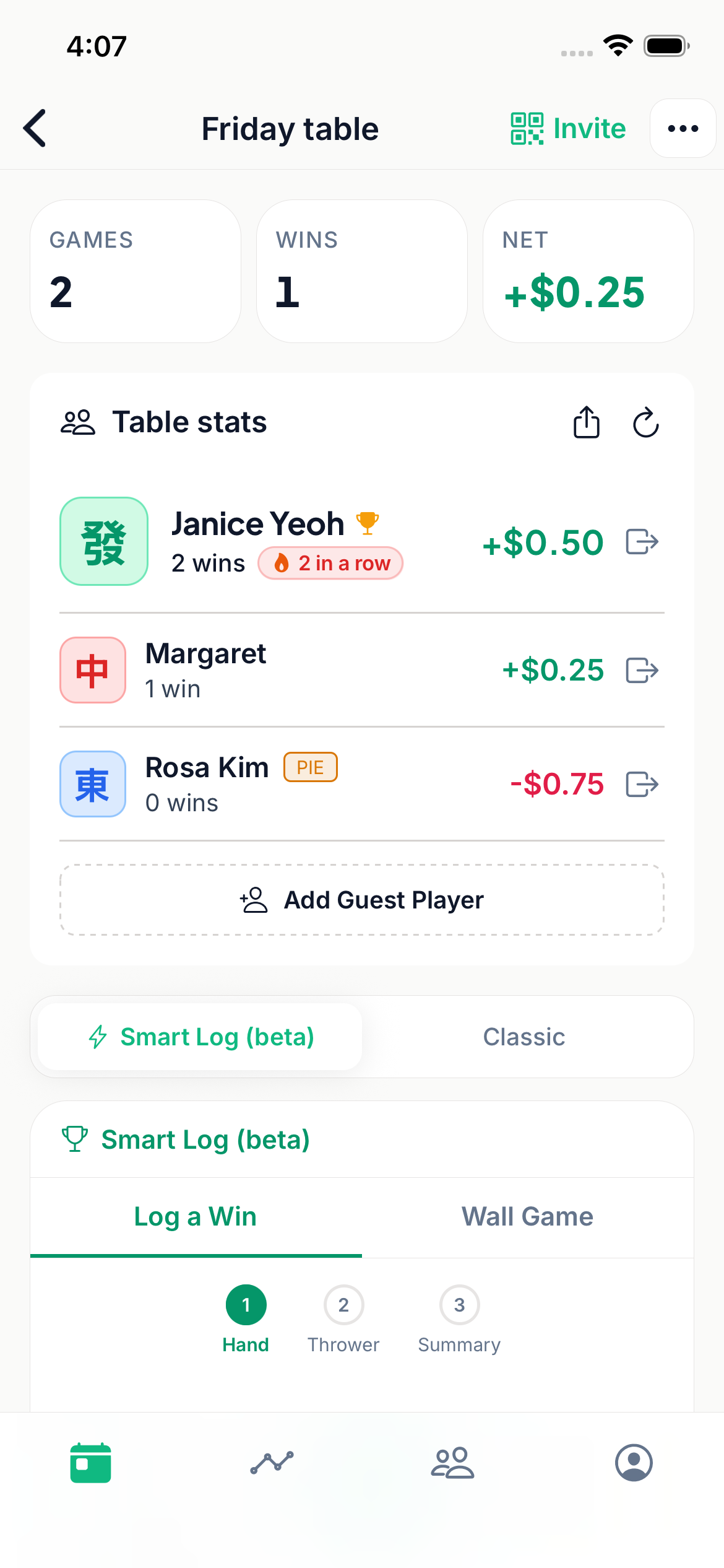 Mahjong Metrics Table Stats Screen showing friendly balances